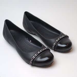 CROCS Cap Toe Rhinestone Embellished Black Ballet Slip On Shoes Women's 9 NWOT